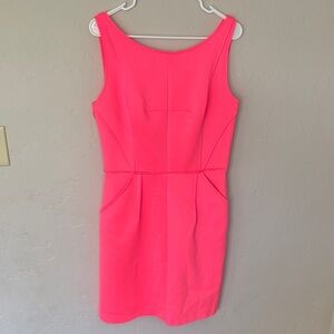 Milly Sleeveless Neon Pink Scuba Knit Sheath Mini Dress, Exposed Zipper, Pockets